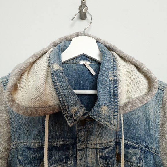 Free People | Distressed Denim Jacket with Removable Hood Size large - Picture 7 of 7